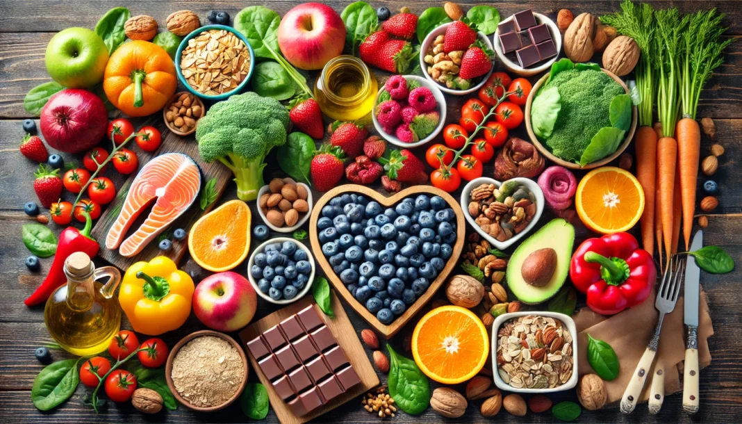 A colorful assortment of heart-healthy foods displayed on a wooden table, including fresh fruits, vegetables, whole grains, nuts, salmon, olive oil, and dark chocolate.