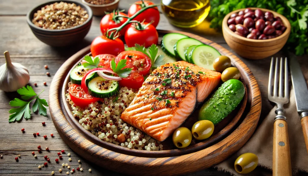 A close-up of a heart-healthy Mediterranean meal on a rustic wooden plate, including grilled salmon, quinoa, tomatoes, cucumbers, olives, garnished with parsley, with red wine and nuts in the background.