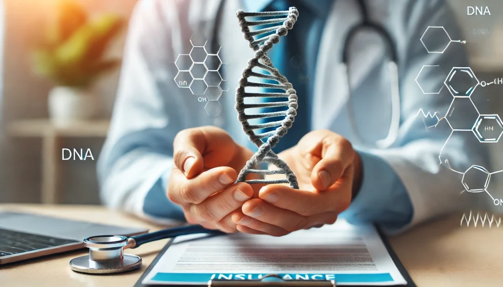 A healthcare professional holding a DNA strand model with a blurred background of an insurance document and a stethoscope, visually representing the connection between genetic testing and health insurance coverage.