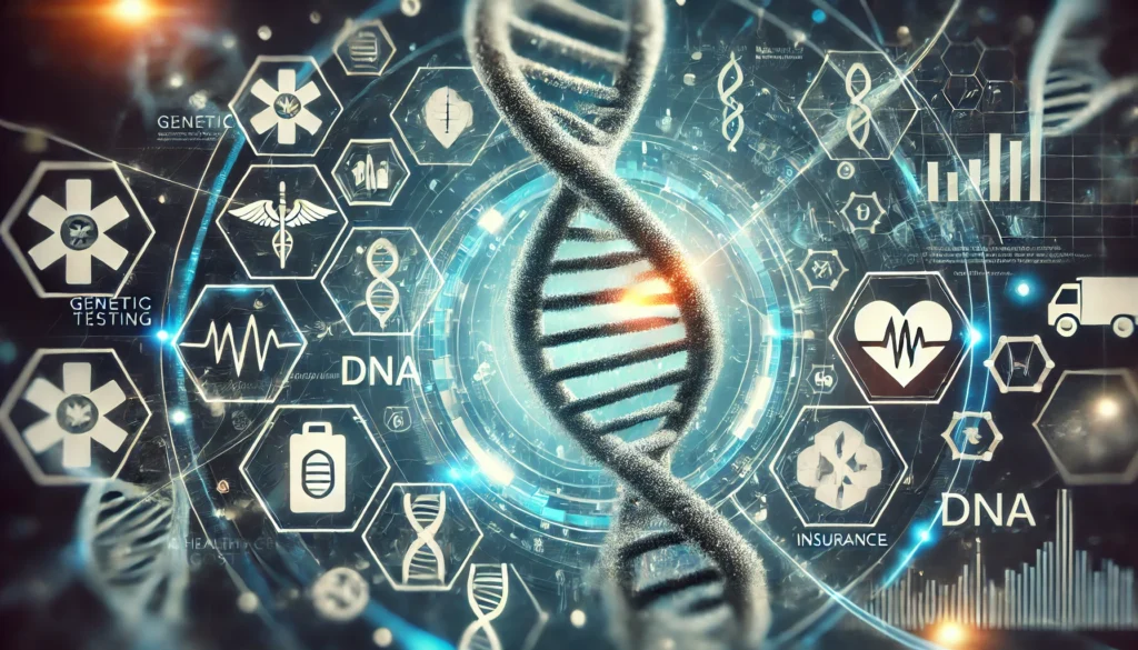 A futuristic depiction of glowing digital DNA strands intertwined with financial and medical symbols, illustrating the intersection of genetic testing, healthcare costs, and insurance policies.