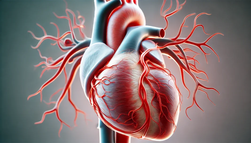 A detailed 3D medical illustration of the human heart highlighting the left circumflex coronary artery in red. The semi-transparent heart reveals the artery’s location and its role in supplying blood to the left atrium and ventricle.