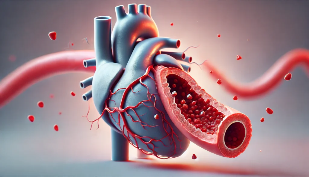 A high-resolution 3D visualization of a diseased left circumflex coronary artery showing plaque buildup and narrowing due to atherosclerosis. The artery is highlighted in red, emphasizing restricted blood flow.