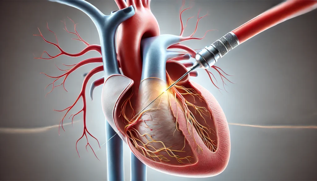 A 3D-rendered medical illustration of an angioplasty procedure on the left circumflex coronary artery. A catheter with a balloon is expanding inside the artery, while a stent is being placed to restore normal blood flow.