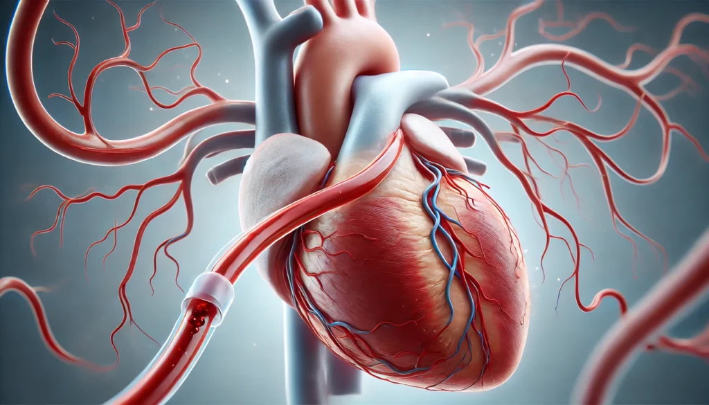 A detailed 3D medical visualization of coronary artery bypass surgery involving the left circumflex coronary artery. A healthy blood vessel is grafted to bypass the blocked artery, restoring circulation.