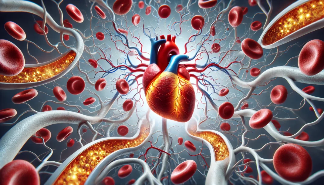 A 3D-rendered medical illustration of a human heart with surrounding blood vessels showing cholesterol buildup and narrowed arteries, emphasizing the effects of high LDL cholesterol on cardiovascular health.
