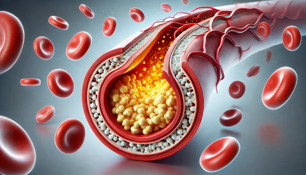 A close-up medical illustration of an artery with cholesterol plaque buildup, restricting blood flow. The cutaway view highlights the impact of high LDL cholesterol on heart disease risk.