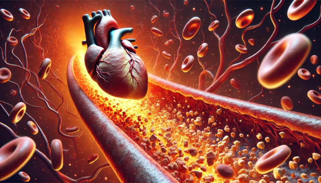 A comparative depiction of a healthy artery and a blocked artery with severe cholesterol buildup, illustrating the risks of a heart attack due to elevated LDL cholesterol.