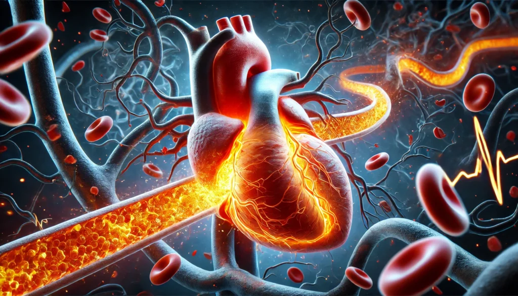 A high-detail medical visualization depicting a heart attack in progress due to a cholesterol-clogged artery. The image shows a blocked coronary artery with restricted blood flow, emphasizing the dangers of high LDL cholesterol and cardiovascular disease.