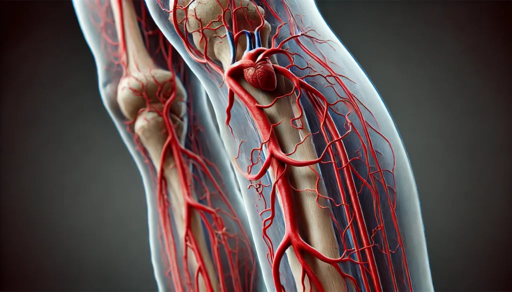 A detailed medical illustration of the arteries in the human leg, including the femoral, popliteal, and tibial arteries, showing their intricate branching in a realistic anatomical rendering.