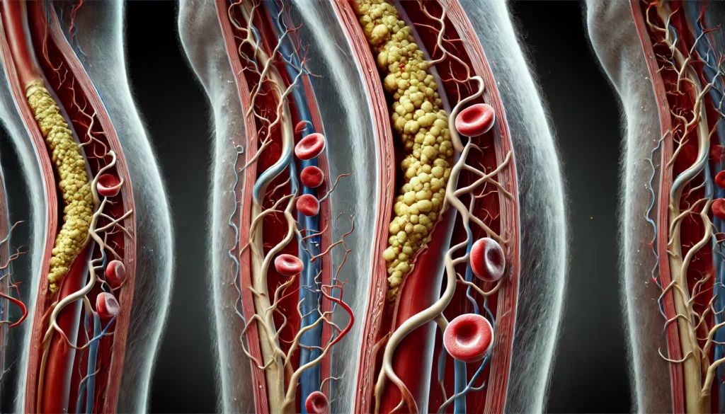 A medical visualization of peripheral artery disease (PAD) in the leg, depicting narrowed and blocked arteries with visible plaque buildup, illustrating reduced blood flow and vascular damage.