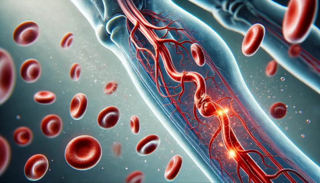A digital illustration of blood circulation in the leg, featuring red blood cells flowing through a transparent artery, visually demonstrating oxygen transport to muscles and tissues.