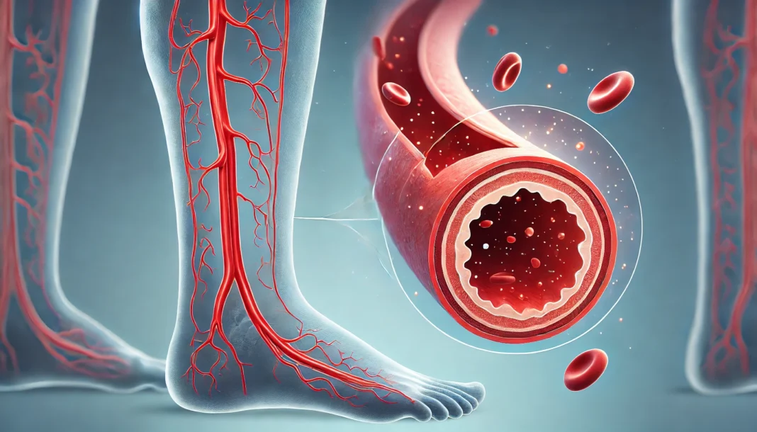 A medical illustration of a cross-section of a leg artery, showing a comparison between a healthy artery with smooth blood flow and a diseased artery with plaque buildup and narrowing, highlighting the impact of arterial disease.