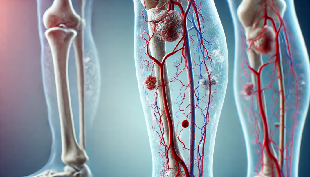 A medical illustration showing a semi-transparent human leg with visible veins and arteries. Restricted blood flow areas are highlighted in red, with a contrast between a healthy leg and one suffering from poor circulation. The affected leg appears bluish and swollen against a neutral medical blue gradient background.