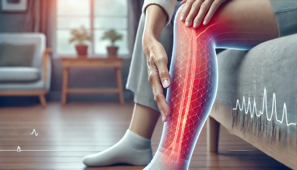 A realistic depiction of an elderly person experiencing leg pain due to poor circulation. One leg appears red and swollen, indicating discomfort, while a subtle heatmap effect illustrates areas of reduced blood flow. The person is sitting and massaging their painful leg in a home setting.