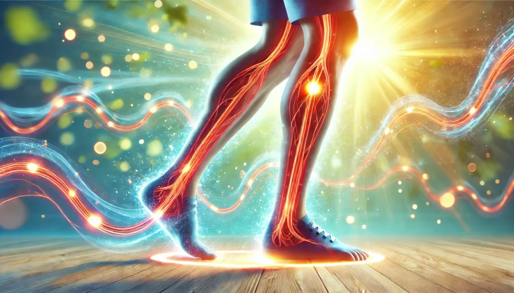 A conceptual representation of ways to improve blood circulation in legs. The image features a person performing light leg exercises, such as stretching or walking, with a glowing effect around the legs symbolizing improved blood flow. The background is bright and uplifting, emphasizing health and wellness.