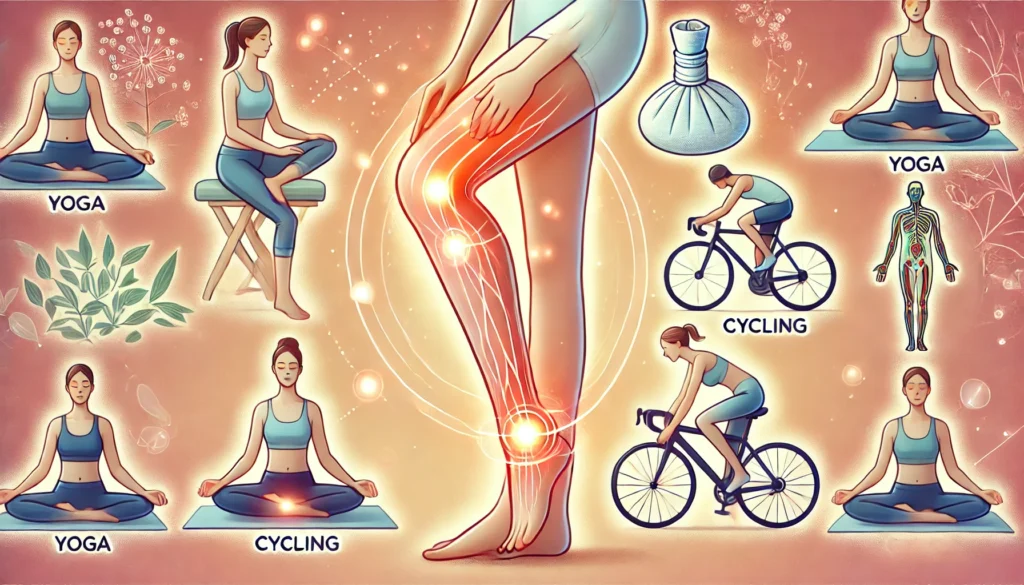 A wellness-themed illustration showcasing natural ways to improve blood circulation in the legs. The image features a person practicing yoga, cycling, and applying a warm compress on their legs. A subtle glow effect highlights enhanced blood flow, with a soft and inviting background emphasizing health and relaxation.