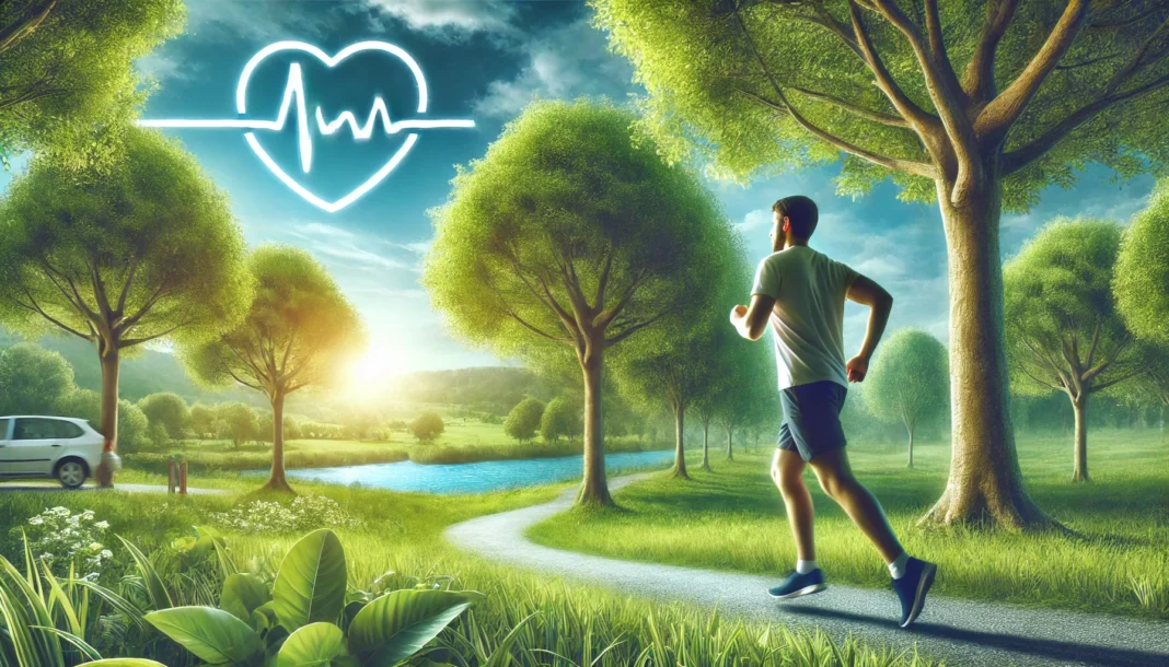 A person jogging in a scenic park with lush greenery and a bright blue sky. This image emphasizes the benefits of regular exercise in maintaining heart health and reducing cholesterol levels.