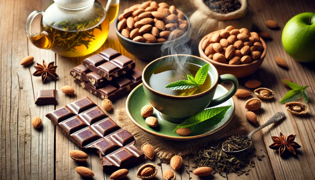 A steaming cup of green tea with fresh tea leaves on a wooden table, next to a bowl of almonds and dark chocolate. This image highlights natural foods that contribute to lowering cholesterol and improving cardiovascular health.