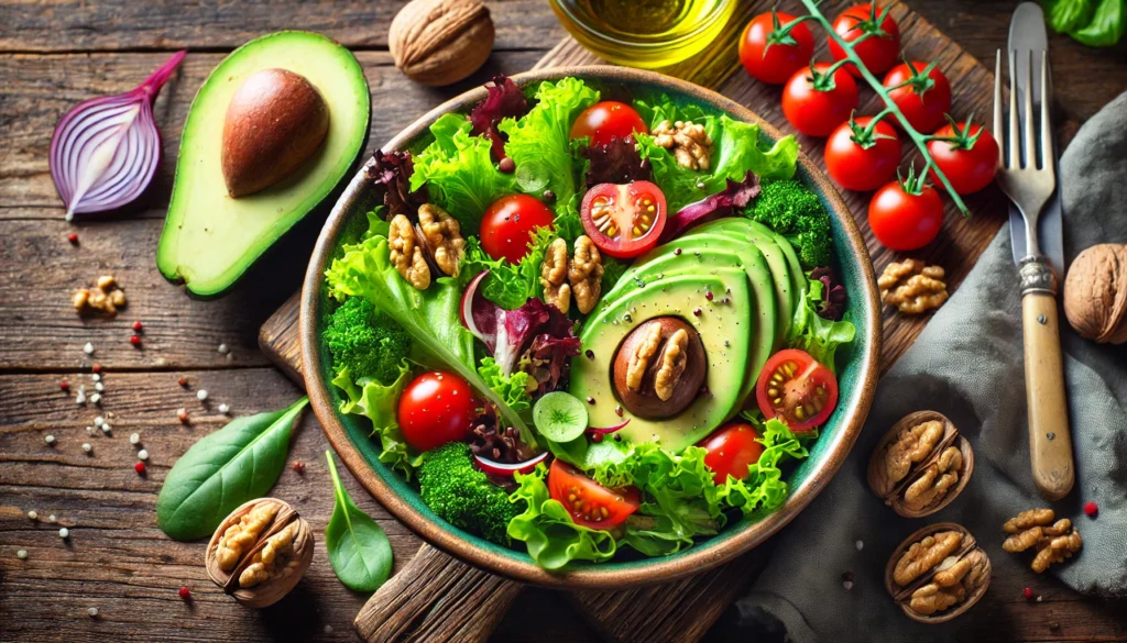 A vibrant salad bowl filled with leafy greens, cherry tomatoes, walnuts, and avocado slices, placed on a rustic wooden table. The image showcases nutrient-rich foods that naturally help lower cholesterol and support heart health.