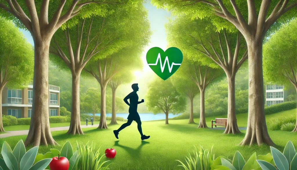 A person jogging in a lush green park, symbolizing exercise as a natural way to improve heart health.