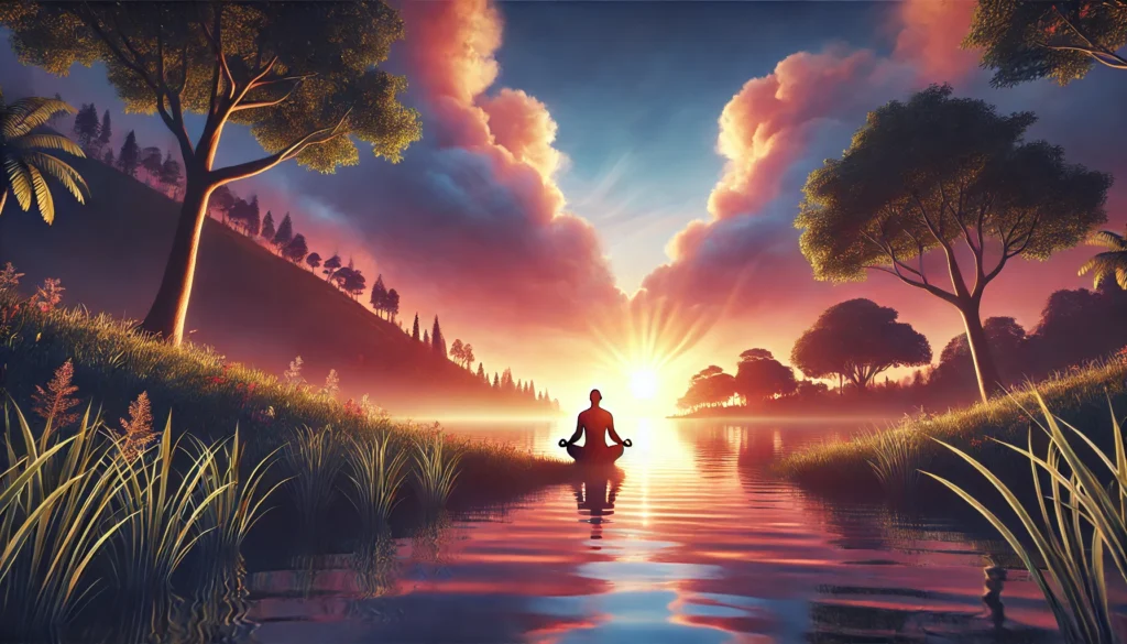A peaceful scene of a person meditating near a lake at sunrise, illustrating mindfulness and relaxation for heart health.