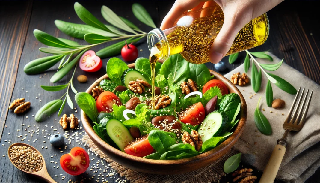 A close-up of a hand pouring olive oil onto a fresh salad with leafy greens, tomatoes, and nuts, highlighting the benefits of healthy fats for cholesterol management.