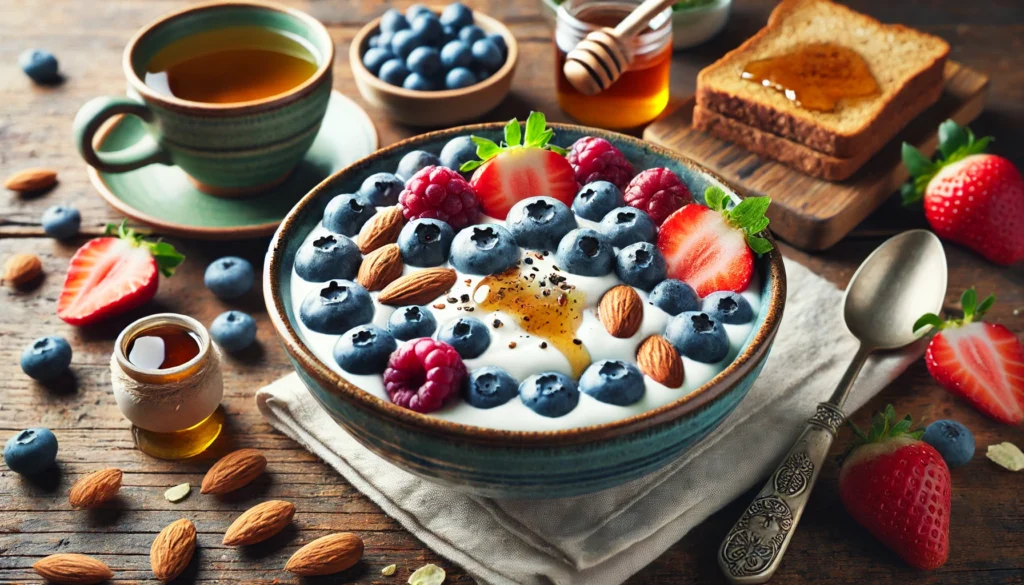 A heart-healthy breakfast featuring Greek yogurt topped with fresh blueberries, strawberries, almonds, and a drizzle of honey, accompanied by green tea and whole-grain toast.