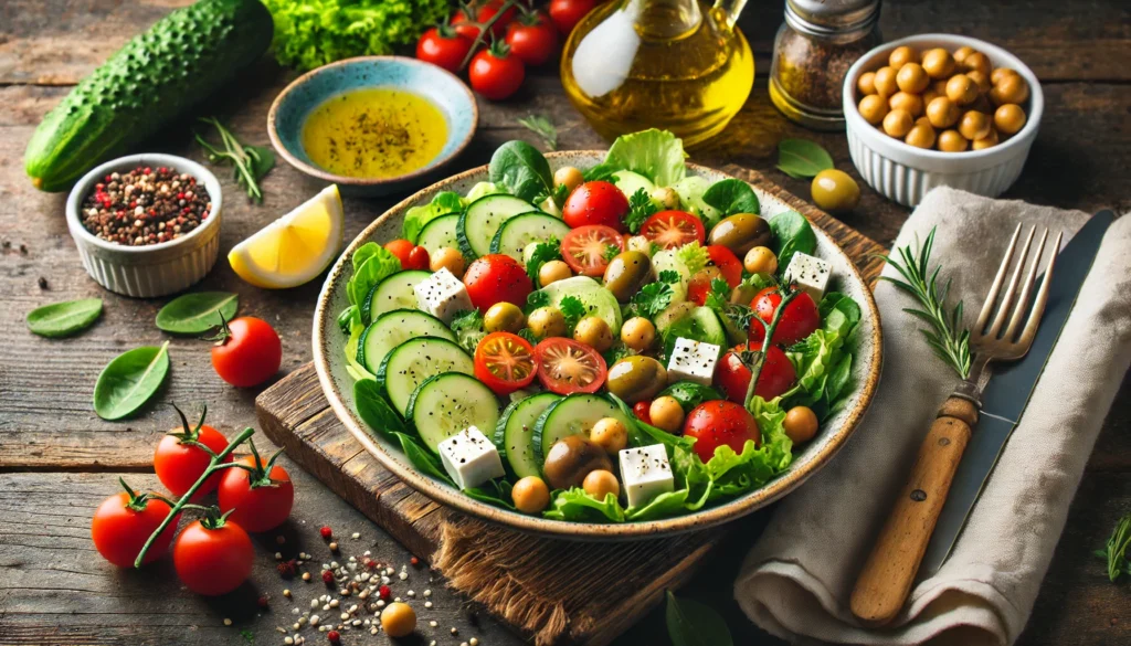A fresh Mediterranean salad with mixed greens, cherry tomatoes, cucumbers, olives, feta cheese, and chickpeas, drizzled with olive oil and lemon dressing.