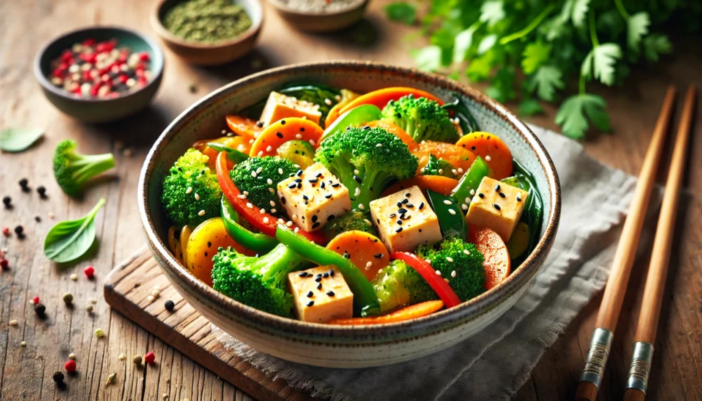 A vibrant heart-healthy stir-fry with broccoli, bell peppers, carrots, and tofu, lightly sautéed in olive oil and garnished with sesame seeds, served in a ceramic bowl.