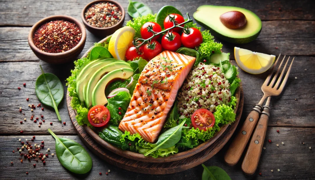 A heart-healthy meal featuring grilled salmon, quinoa salad with leafy greens, cherry tomatoes, and avocado, served with a lemon wedge on a rustic wooden table.