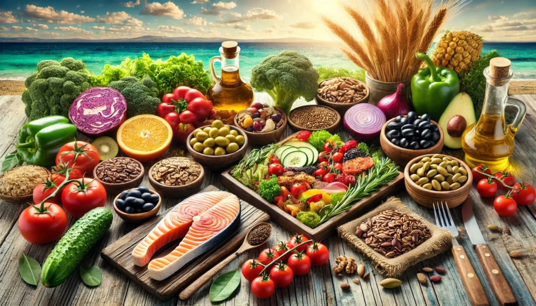 A rustic wooden table featuring a Mediterranean feast with grilled salmon, fresh vegetables, olives, nuts, and whole grains, set against a scenic Mediterranean coastline.