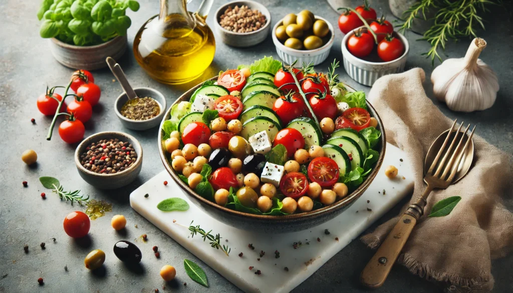 A colorful Mediterranean salad bowl filled with chickpeas, cherry tomatoes, cucumbers, olives, and feta cheese, drizzled with olive oil, set on a stone countertop with fresh herbs.