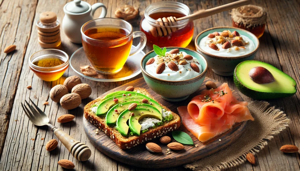A heart-healthy Mediterranean breakfast with whole-grain toast topped with avocado and smoked salmon, Greek yogurt with honey and nuts, and a cup of herbal tea on a wooden table.