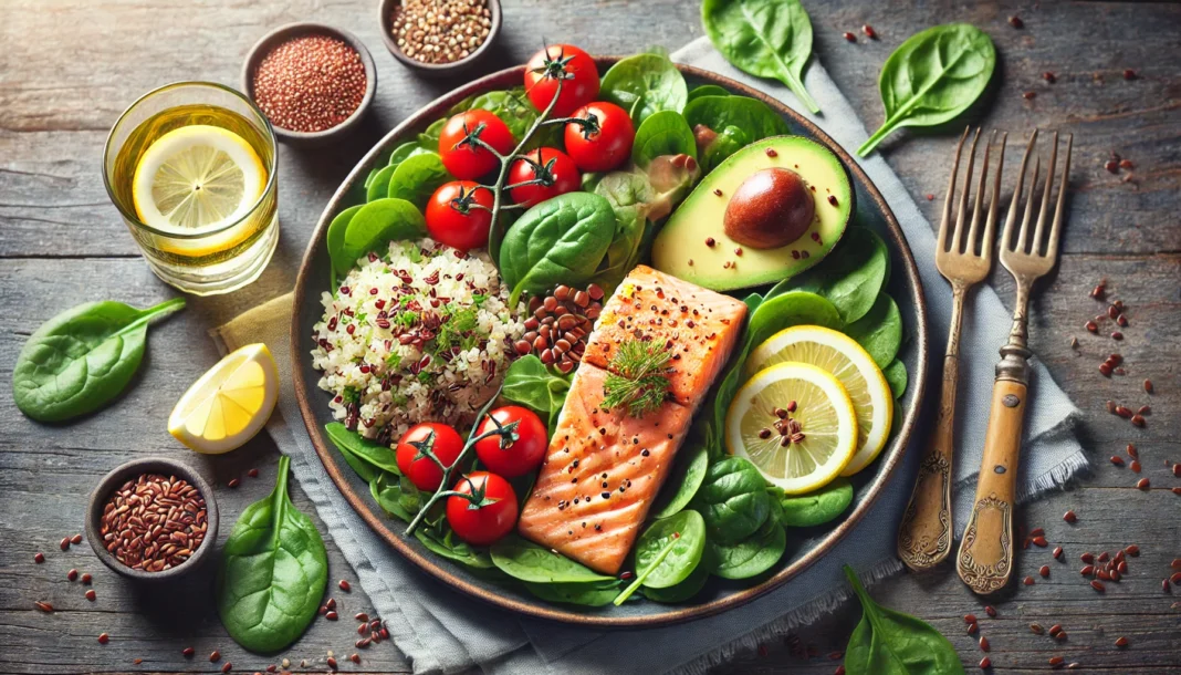 A beautifully arranged plate featuring grilled salmon, quinoa, fresh spinach, cherry tomatoes, and avocado slices, garnished with lemon wedges and flaxseeds on a rustic wooden table.