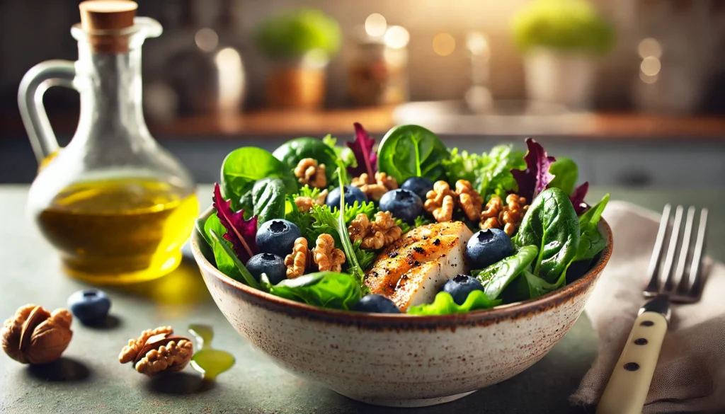 A vibrant bowl of mixed leafy greens with walnuts, blueberries, and grilled chicken, drizzled with olive oil, set against a warmly lit kitchen background.