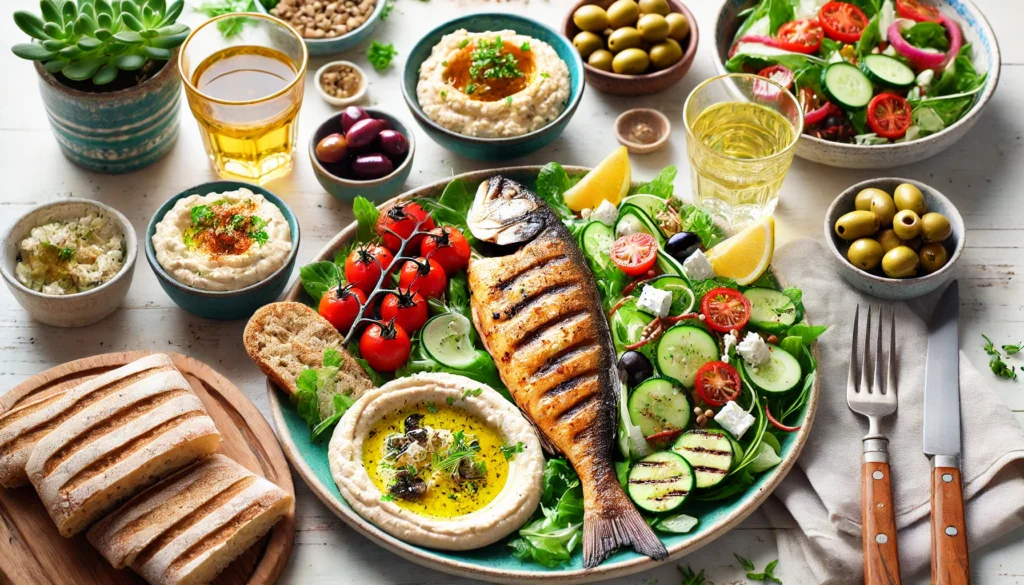A beautifully plated Mediterranean meal including grilled fish, hummus, whole grain pita bread, olives, and a colorful salad of cucumbers, tomatoes, and feta cheese, placed in a bright, airy dining setting.