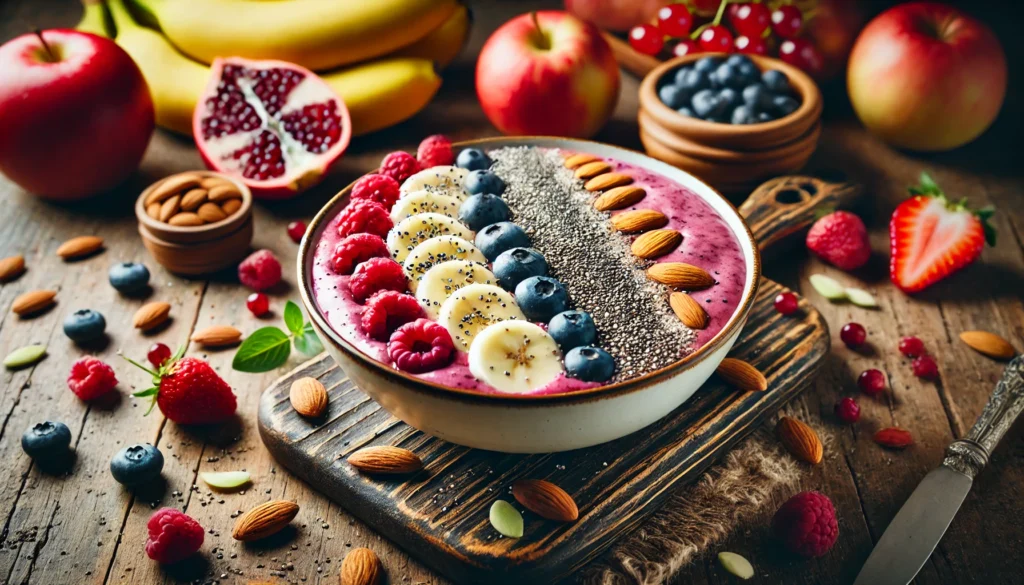 A smoothie bowl with blended berries, chia seeds, almonds, and sliced bananas, arranged on a rustic wooden table with fresh fruit and nuts scattered in the background.