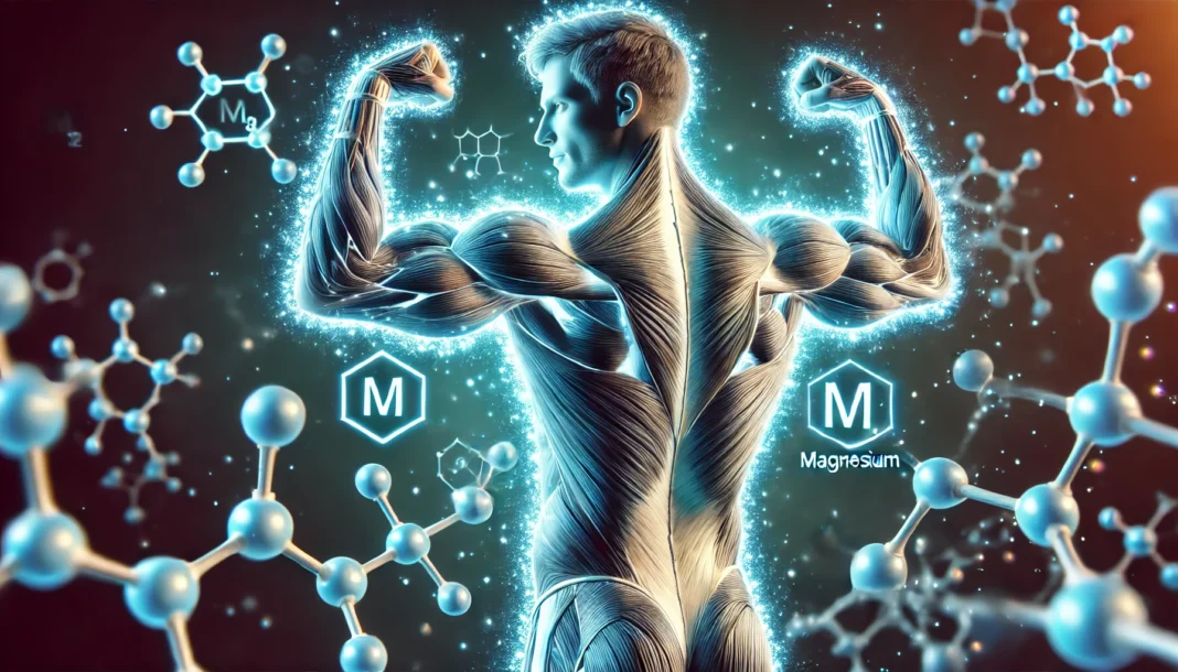 A high-resolution illustration of flexing muscular arms with glowing blue highlights, emphasizing muscle fibers and magnesium molecules, symbolizing the mineral’s role in muscle strength and endurance.
