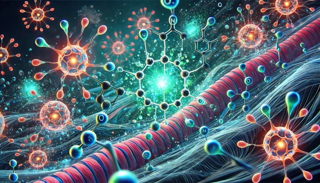 A vibrant scientific visualization of magnesium ions interacting with muscle cells, showing molecular-level biochemical reactions that support muscle contractions and proper function.