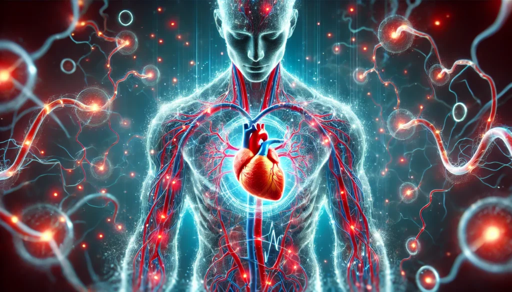 A futuristic medical depiction of a human body with glowing circulatory pathways, showcasing a pulsating heart and magnesium particles enhancing blood flow and heart rhythm.