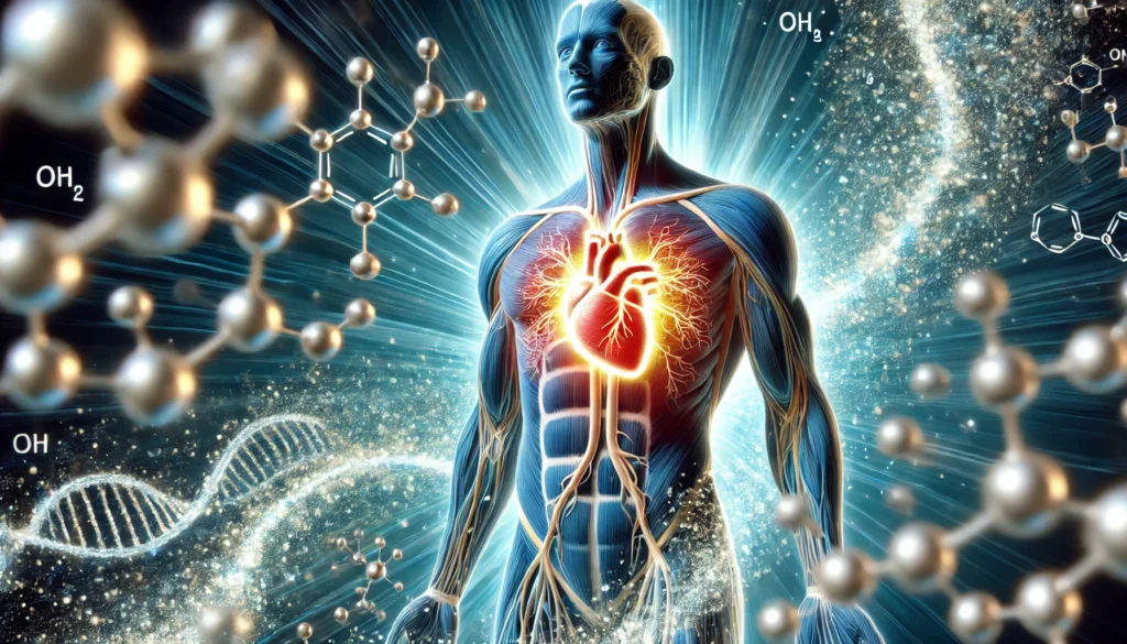 A futuristic medical illustration of a glowing human torso with highlighted muscles and a radiant heart, surrounded by flowing magnesium ions, symbolizing their vital role in muscle contraction and cardiovascular health.