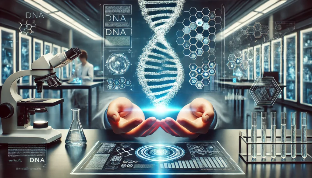 A high-tech research lab featuring an advanced glowing DNA helix floating above a scientist’s hands, with digital genetic sequences displayed in the background.