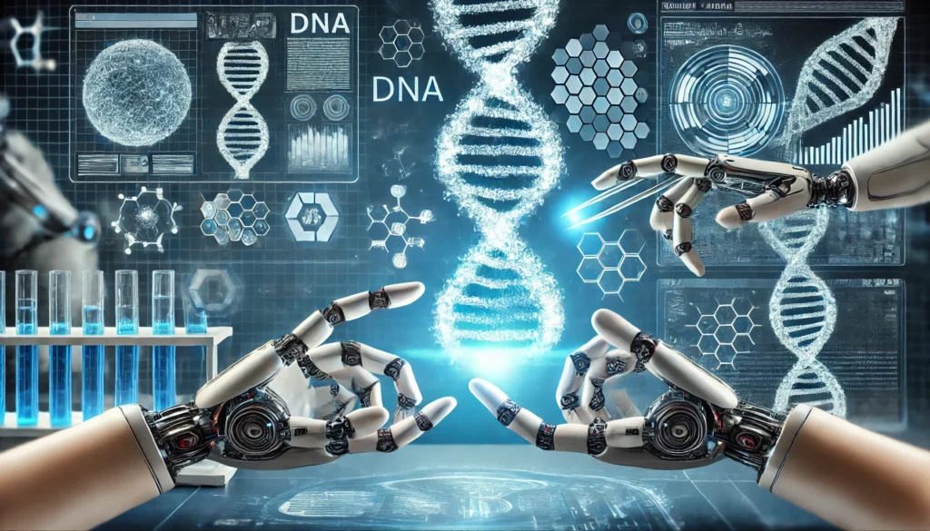 A glowing DNA strand being precisely modified by robotic hands in a high-tech laboratory, with digital genetic interfaces and molecular structures in the background.
