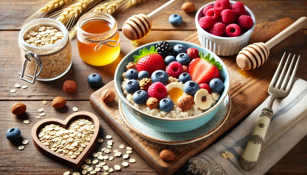 A bowl of oatmeal topped with fresh berries, nuts, and honey on a wooden table, with a heart-shaped oat design beside it, symbolizing the heart health benefits of oatmeal