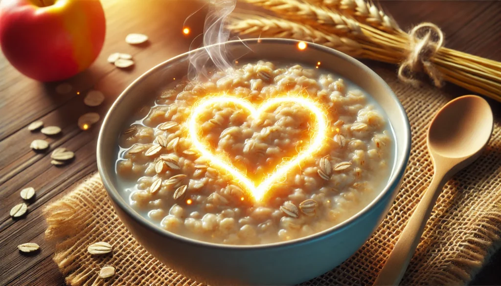 A close-up of a steaming bowl of oatmeal with a subtle glowing heart in the background, visually representing the cholesterol-lowering and heart health benefits of oatmeal.