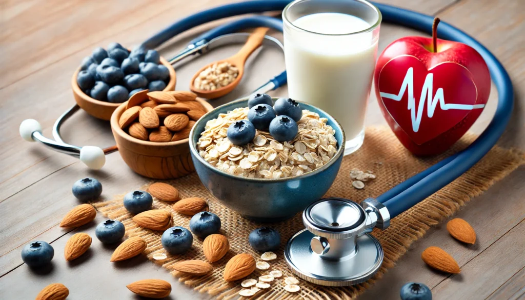 A healthy breakfast spread featuring a bowl of oatmeal, a glass of milk, almonds, blueberries, and a stethoscope, emphasizing the role of oatmeal in heart health and cholesterol management.