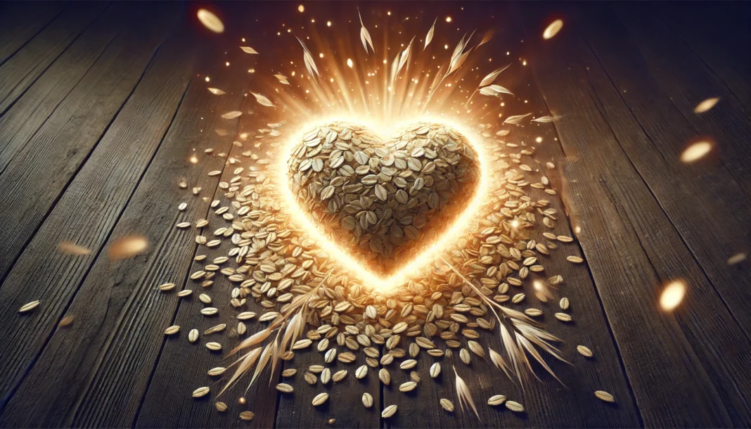 A conceptual design featuring a heart shape made entirely of oats, surrounded by a glowing aura, symbolizing the heart health and cholesterol-lowering benefits of oatmeal