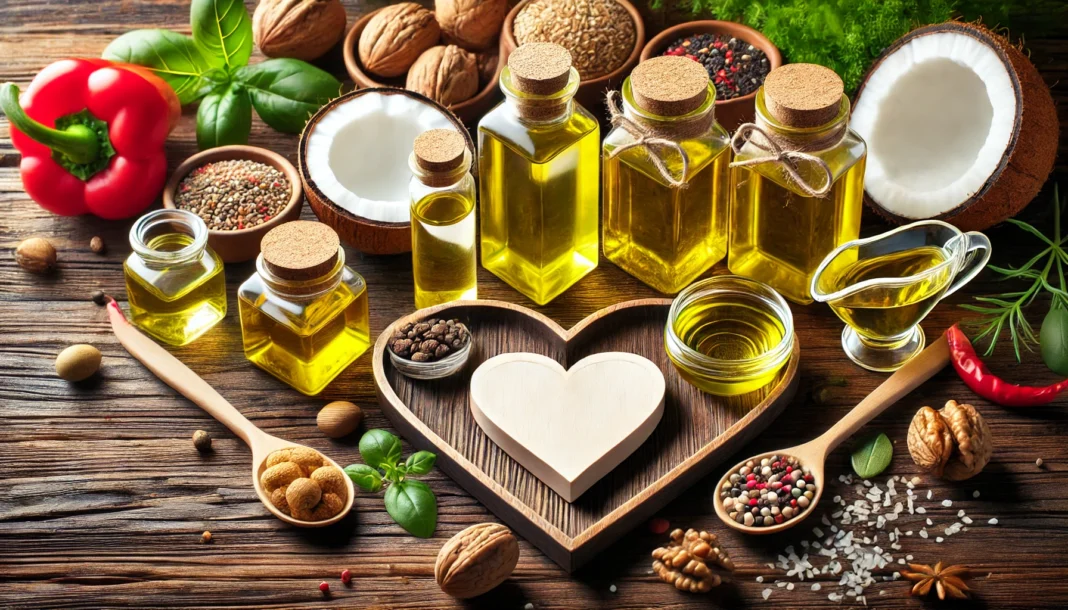 A heart-healthy oil comparison displayed on a rustic wooden table, featuring extra virgin olive oil, coconut oil, and walnut oil in glass jars. Heart-shaped decorations and natural elements like fresh herbs, seeds, and nuts symbolize cardiovascular wellness.