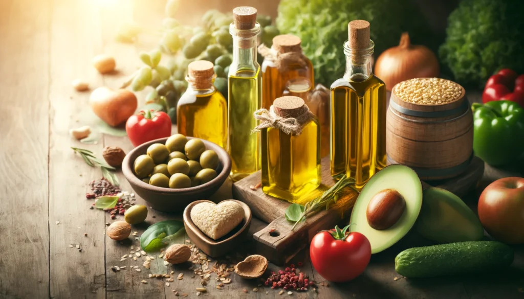 A visually appealing composition of heart-healthy cooking oils on a rustic wooden surface. Bottles of olive oil, avocado oil, and canola oil are placed alongside olives, nuts, and seeds, enhanced by soft natural lighting for a wholesome feel.