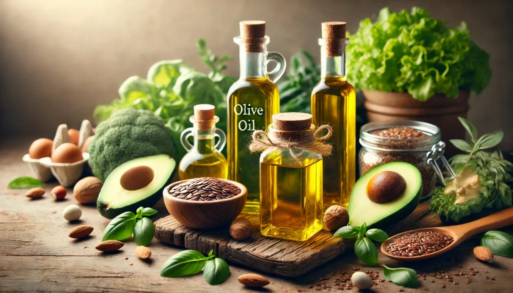 A health-conscious kitchen scene featuring various heart-healthy cooking oils, including olive oil, avocado oil, and flaxseed oil in glass bottles. The oils are displayed on a rustic wooden table with fresh ingredients like nuts, seeds, and herbs, symbolizing their nutritional benefits.